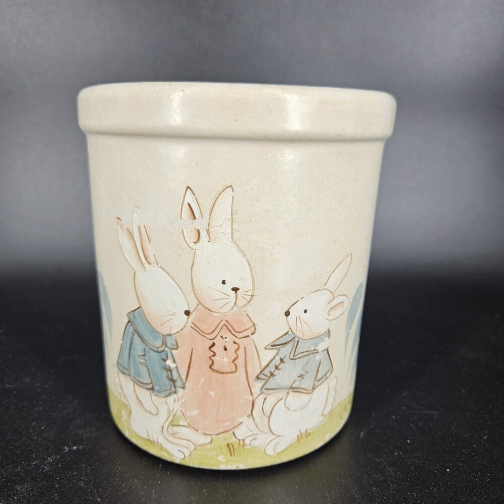 Vintage RRP Co Roseville Ohio 1 Qt Crock Jar Bunny Motif Stoneware USA Pottery 6